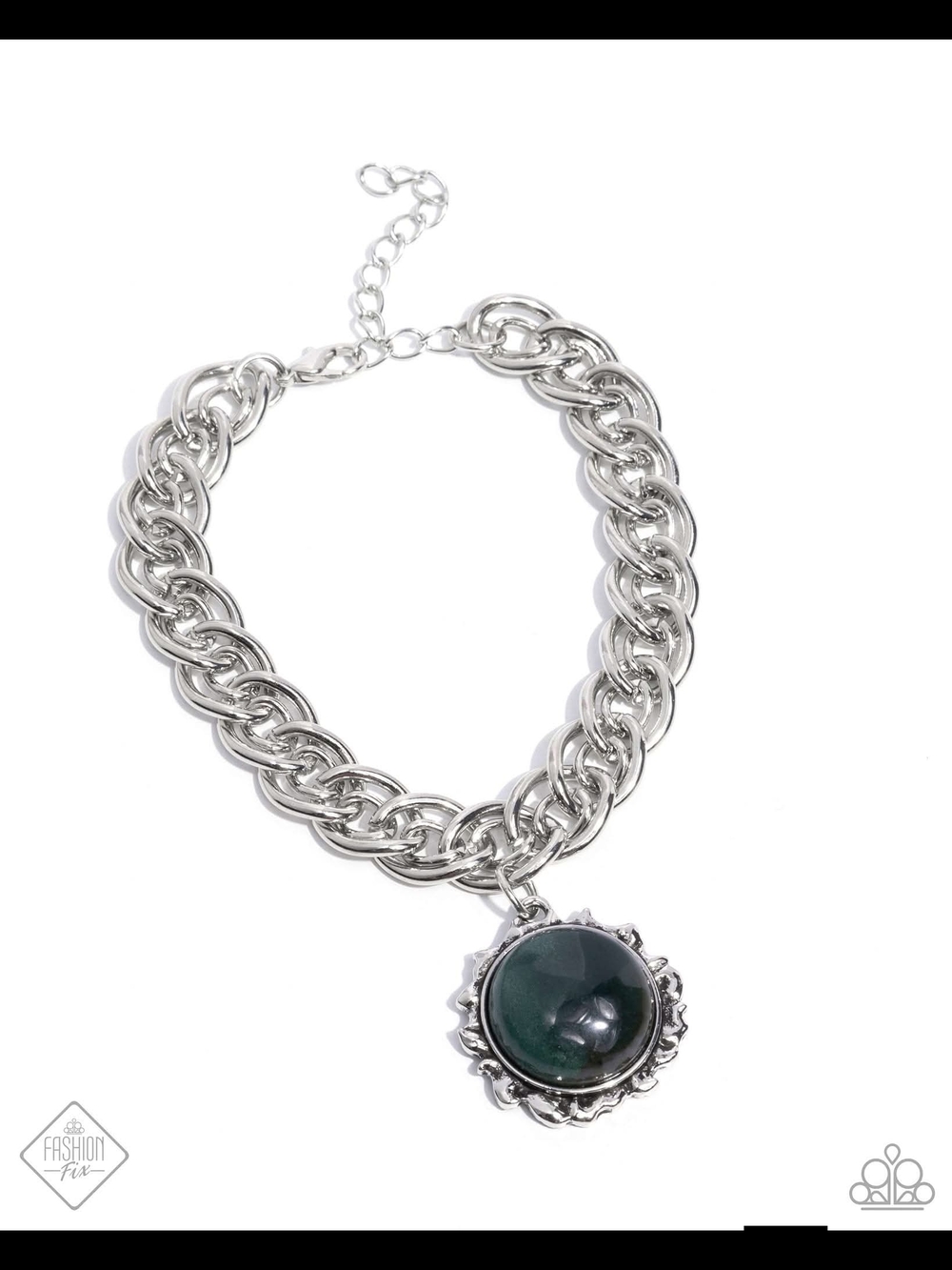 Paparazzi Silver Chain Necklace with Dark Green Cabochon Pendant